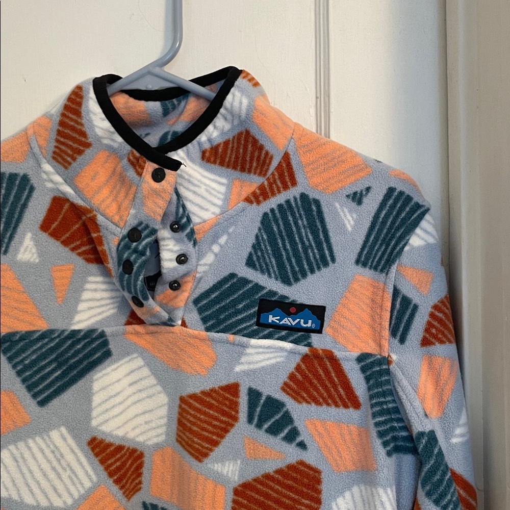 Kavu Geometric Fleece Pullover in Light Blue, Teal & Rust - Picture 2 of 5